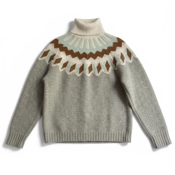 J. Crew Fair Isle Wool Alpaca Blend Turtleneck Sweater Cozy Gray Cream Brown M - Picture 4 of 8